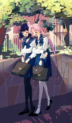 2girls arm_hug bishoujo_senshi_sailor_moon black_footwear black_hair blue_bow blue_skirt bow chibi_usa closed_eyes happy heart long_hair multiple_girls open_mouth outdoors pink_heart school_uniform short_hair signature skirt tomoe_hotaru tree walking yukinami_(paru26i)