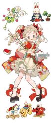 1girl ankle_socks artist_name belt_buckle black_shoes blonde_hair bloomers blue_eyes blue_kimono blush_stickers bonsai bow bow_legwear buckle bud bull cherry_blossoms commentary commission english_commentary eyelashes eyeshadow floral_print flower folding_fan full_body hair_bow hand_fan highres holding holding_fan holding_flower horse japanese_clothes kimono leaf lolita_fashion long_hair long_sleeves looking_at_viewer makeup mary_janes miniskirt open_mouth original pink_eyeshadow pink_flower plant potted_plant putong_xiao_gou rabbit red_bow red_kimono ribbon-trimmed_skirt ribbon_trim sample_watermark sash sheep shoes simple_background skirt socks solo tiger toy twintails underwear wa_lolita watermark white_background white_bloomers white_flower white_skirt white_socks wide_sleeves yellow_sash