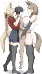 1boy 2girls animal_ears bare_shoulders black_hair black_skirt black_thighhighs blonde_hair breasts bridal_gauntlets brown_hair carrying carrying_person clothed_female_nude_male commentary_request ear_licking femdom from_side gloves green_eyes group_sex heart held_up hetero highres large_breasts licking long_hair mole mole_under_mouth multiple_girls narodenden nude open_mouth original pleated_skirt red_shirt sandwiched sex shirt shota simple_background skirt standing standing_missionary standing_sex thighhighs thighs threesome tongue tongue_out white_background white_gloves