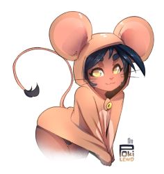 1boy :3 ass black_hair dark_skin eyebrows highres hood hoodie jerry_(tom_and_jerry) leaning_forward looking_at_viewer male_focus mouse_(animal) panties pokilewd tail thighs tom_and_jerry trap underwear whiskers white_background wide_hips yellow_eyes