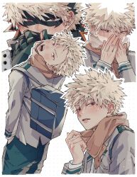 Rule 34 | 1boy, absurdres, bakugou katsuki, blonde hair, blush, boku no hero academia, carrying bag, covering own mouth, eye mask, grey background, hair between eyes, hands in pockets, highres, kome uo, long sleeves, looking at viewer, male focus, multiple views, open mouth, parted lips, polka dot, polka dot background, red eyes, school uniform, short hair, spiked hair, teeth, u.a. school uniform