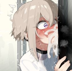 Rule 34 | 1boy, 1girl, ^^^, absurdres, brown hair, commentary request, cum, cum in mouth, cum overflow, fellatio, heart, heart-shaped pupils, highres, kimi no koto ga dai dai dai dai daisuki na 100-nin no kanojo, mizumizuni, oral, purple eyes, shirt, solo focus, sutou iku, sweat, symbol-shaped pupils, tears, upper body, white shirt