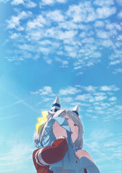 1girl animal_ears cloud contrapposto dated day ear_covers green_eyes grey_hair hands_up hishi_miracle_(umamusume) holding holding_towel horse_ears horse_girl jacket long_sleeves looking_up open_mouth outdoors red_jacket short_hair sky solo standing sweat takuzui towel towel_around_neck tracen_training_uniform track_jacket twitter_username umamusume upper_body wiping_sweat