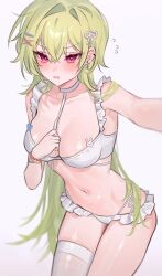 1girl armpits bare_shoulders bead_bracelet beads blurry bra bracelet breasts choker cowboy_shot depth_of_field frilled_bra frilled_panties frills fymrie green_hair hair_ornament hairclip hand_on_own_chest highres jewelry leaning_forward lingerie long_hair looking_at_viewer medium_breasts multi-strapped_panties navel open_mouth original outstretched_arm panties red_eyes side-tie_panties simple_background single_thighhigh skindentation solo standing stomach string_panties thighhighs thighs underwear underwear_only v-shaped_eyebrows very_long_hair white_background white_bra white_choker white_panties white_thighhighs x_hair_ornament