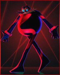 1boy alternate_costume bad_tag bald black_bodysuit bodysuit brown_facial_hair dr._eggman facial_hair goggles goggles_on_head henry_vargas highres laser laser_hallway mustache red_bodysuit round_eyewear solo sonic_(live_action) sonic_(series) sonic_the_hedgehog_3_(film) sunglasses two-tone_bodysuit