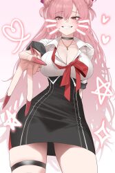 1girl absurdres arm_behind_back black_choker black_skirt blue_archive blush breasts choker cleavage double_bun drawn_whiskers fingernails grin gyaru gyaru_v hair_bun hayron heart high-waist_skirt highres jewelry kirara_(blue_archive) kogal large_breasts long_fingernails long_hair looking_at_viewer loose_neck_ribbon neck_ribbon necklace pink_hair red_ribbon ribbon shirt short_sleeves simple_background skirt smile solo thigh_strap v very_long_hair white_shirt