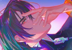 1boy abi_(no.129) black_hair black_jacket brown_eyes close-up closed_mouth colorful covering_face hair_between_eyes hand_on_own_face highres jacket looking_at_viewer looking_to_the_side minato_kageaki orange_sleeve_cuffs portrait profile serious short_hair soukou_akki_muramasa zipper