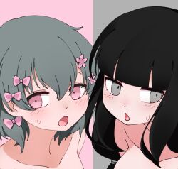 2girls bar_censor black_hair blunt_bangs blush bow censored closed_mouth collarbone completely_nude crossover flower green_hair grey_eyes hair_between_eyes hair_bow hair_flower hair_ornament hetero highres inabakumori iyowa_girls kurari-chan_(iyowa) kyu-kurarin_(cevio) long_hair looking_at_viewer multiple_girls multiple_hair_bows nazunobasho nude open_mouth osage_(nukunuku_nigirimeshi) pink_bow pink_eyes pink_flower pov short_hair sidelocks split_theme sweat variant_set