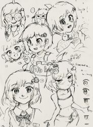 1girl 2025 2others belly character_name doodle english_text flat_chest freckles greyscale highres hug indie_virtual_youtuber lamb lily_hopkins loli mao_comicartlab monochrome multiple_others sheep sketch snail solo