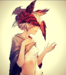 Rule 34 | 1girl, bad id, bad pixiv id, bird, clothes lift, highres, hip focus, marvella aurelie, midriff, original, shirt lift, short hair, white hair