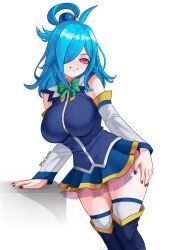 Rule 34 | 1girl, aqua (konosuba), aqua (konosuba) (cosplay), artist name, bare shoulders, blue boots, blue hair, blue shirt, blue skirt, blue sleeves, boots, bow, bowtie, breasts, cosplay, detached sleeves, eyebrows, eyelashes, female focus, fingernails, green bow, green bowtie, grin, hair over one eye, hand on own thigh, highres, indie virtual youtuber, kono subarashii sekai ni shukufuku wo!, large breasts, leaning to the side, long hair, looking at viewer, mana (manasenshou), multicolored skirt, multicolored sleeves, nail polish, nene efthy, pink eyes, pink skirt, purple nails, shirt, simple background, skirt, sleeveless, sleeveless shirt, smile, solo, standing, teeth, thick thighs, thigh boots, thighhighs, thighs, two-tone shirt, virtual youtuber, white background, white shirt, white sleeves, white thighhighs, yellow skirt, yellow sleeves