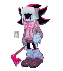 1boy absurdres alternate_costume animal_ears animal_nose axe black_fur blood bloody_weapon bow brown_hat brown_shoes brown_skirt brown_sweater crossdressing full_body fur_hat furry furry_male gloves grey_leg_warmers hat hedgehog_boy highres holding holding_axe holding_stuffed_toy leg_warmers long_hair looking_at_viewer male_focus pink_bow red_eyes red_fur sa1k_a shadow_the_hedgehog shoes simple_background skirt solo sonic_(series) standing stuffed_toy sweater two-tone_fur weapon white_background white_gloves
