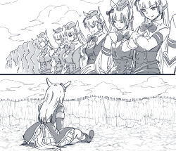 Rule 34 | animal ears, blunt bangs, bow, dragon ball, dragonball z, ear bow, gold ship (umamusume), hat, horse ears, horse girl, horse tail, long hair, long sleeves, mejiro mcqueen (umamusume), multiple girls, parody, pillbox hat, school uniform, taguchi kenji (omaep), tail, tracen school uniform, umamusume