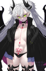 1girl black_cloak black_panties black_thighhighs body_markings breasts choker cloak crossed_bangs demon_girl demon_horns demon_wings ear_piercing fate/grand_order fate_(series) gluteal_fold green_eyes grey_hair hair_between_eyes highres horns large_breasts lilith_(fate) lilith_(second_ascension)_(fate) long_hair looking_at_viewer navel onsoku_inu panties parted_lips piercing pointy_ears solo stomach_tattoo tattoo thick_thighs thighhighs thighs twintails underwear variant_set very_long_hair white_background wings