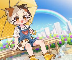 Rule 34 | 1boy, :3, :d, animal, animal ear fluff, animal ears, bench, blonde hair, blue overalls, blush, boots, brown eyes, brown hair, cat, cat boy, cat ears, cat tail, commentary request, day, fangs, foot out of frame, hair ornament, hairclip, highres, holding, holding umbrella, indie virtual youtuber, male focus, multicolored hair, notamaru 2, on bench, open mouth, orange hair, outdoors, overalls, parallel hairclips, paw-shaped pupils, puddle, rainbow, rubber boots, short hair, sitting, smile, solo, symbol-shaped pupils, tail, tatamaru (vtuber), textless version, umbrella, virtual youtuber, yellow umbrella