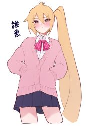1girl absurdres akita_neru alternate_costume antenna_hair blonde_hair blue_sky blush bow bowtie collared_shirt commentary_request cowboy_shot cropped_legs genmai_komeko hair_between_eyes hands_in_pockets highres long_hair o3o parted_lips pink_bow pink_bowtie pink_sweater pleated_skirt shirt side_ponytail simple_background skirt sky solo standing striped_bow striped_bowtie striped_clothes sweater very_long_hair vocaloid white_background white_shirt wing_collar yellow_eyes zako_(vocaloid)