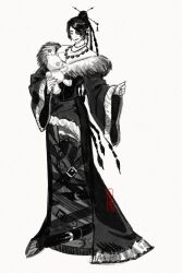 1girl bare_shoulders belt black_dress black_hair braid breasts closed_mouth cornqy dress final_fantasy final_fantasy_x full_body fur_trim hair_ornament hair_over_one_eye hair_stick highres large_breasts long_dress long_sleeves lulu_(ff10) mole mole_under_mouth moogle multiple_belts multiple_braids multiple_necklaces off-shoulder_dress off_shoulder signature smile solo spot_color standing stuffed_animal stuffed_toy wavy_hair white_background wide_sleeves