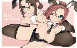 2023 2girls ;d animal_ears black_necktie black_pantyhose black_thighhighs border breasts brown_hair brown_hair_girl_(nagioka) cleavage detached_collar ear_piercing fake_animal_ears fake_tail from_above green_eyes hair_bun hair_bun_girl_(nagioka) happy_new_year highres large_breasts leotard looking_at_viewer mole mole_under_mouth multiple_girls nagioka necktie new_year one_eye_closed open_mouth original pantyhose piercing pink_background playboy_bunny rabbit_ears rabbit_tail simple_background smile tail thighhighs v white_border wrist_cuffs