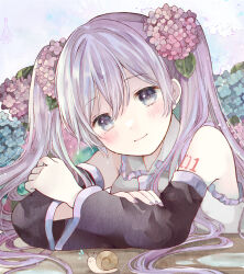 1girl arm_rest armpit_crease arms_on_table bare_shoulders black_sleeves blue_eyes blue_flower blue_hair blush blush_stickers breasts closed_mouth collared_shirt commentary_request crossed_arms detached_sleeves double-parted_bangs flower flying_sweatdrops frilled_shirt_collar frills grey_shirt hair_between_eyes hair_flower hair_ornament hand_on_own_arm hatsune_miku hydrangea leaf long_hair long_sleeves necktie number_tattoo pink_flower puddle purple_necktie shirt shoulder_tattoo sleeveless sleeveless_shirt small_breasts smile snail solo tattoo tententuyu twintails very_long_hair vocaloid wing_collar