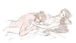 Rule 34 | 1boy, 1girl, bare arms, bare shoulders, bed sheet, blonde hair, braid, breasts, brown hair, closed eyes, closed mouth, couple, dress, hair between eyes, hand in another&#039;s hair, hand on another&#039;s head, hand on another&#039;s shoulder, hetero, kurokawa karasu, light smile, link, long hair, looking at another, medium breasts, nintendo, parted bangs, pointy ears, princess zelda, short hair, sidelocks, single braid, sketch, sleeveless, sleeveless dress, the legend of zelda, the legend of zelda: twilight princess, topless male, white background, white dress