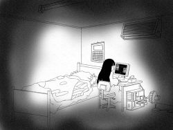 1girl computer electric_fan female_focus greyscale houraisan_kaguya monochrome neet non-web_source solo touhou