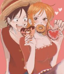 1boy 1girl black_hair blush breasts brown_eyes buttons collarbone donut drooling facial_scar food food_in_mouth hat heart highres holding holding_donut holding_food large_breasts monkey_d._luffy mouth_drool mouth_hold nail_polish nami_(one_piece) one_piece open_mouth orange_hair orange_nails pink_background red_shirt scar scar_on_cheek scar_on_face shio_(im_rt56) shirt short_hair straw_hat upper_body