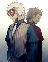 2boys ace_attorney back-to-back blood blood_on_face diego_armando formal_clothes godot_(ace_attorney) highres jugemu_(qqkyon) mask mask_on_head multiple_boys phoenix_wright:_ace_attorney_-_trials_and_tribulations suit