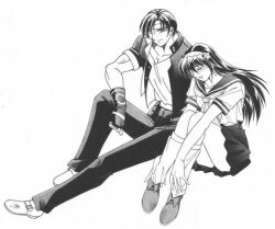 1boy 1girl asamiya_athena black_jacket blushing_female brown_hair hair_ornament idol jacket kusanagi_kyou pachinko psycho_soldier purple_hair school_uniform sitting_together snk star_(symbol) star_hair_ornament the_king_of_fighters the_king_of_fighters_&#039;96