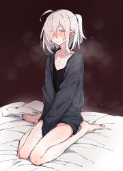 Rule 34 | 1girl, azuma shino, barefoot, black tank top, blue eyes, blush, cardigan, flat chest, frown, full body, highres, nowareno (azuma shino), open cardigan, open clothes, original, pointy ears, ponytail, sitting, sketch, solo, steaming body, sweat, tank top, wariza, white hair