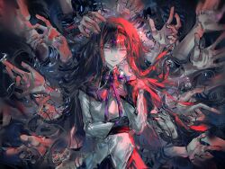 1girl absurdres akemi_homura akemi_homura_(magical_girl) black_capelet black_hair black_hairband bow bowtie capelet collared_capelet cowboy_shot disembodied_hand dot_nose dress eyelashes gem hair_between_eyes hair_spread_out hairband hand_jewel hand_on_own_cheek hand_on_own_elbow hand_on_own_face highres layered_sleeves long_hair long_sleeves lying mahou_shoujo_madoka_magica mahou_shoujo_madoka_magica_(anime) niangao89305 on_back open_mouth pleated_skirt purple_bow purple_bowtie purple_capelet purple_eyes purple_gemstone purple_skirt ripples short_dress skirt skirt_under_dress smile solo soul_gem tsurime two-tone_capelet very_long_hair water white_dress