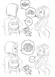 1girl 2boys android_17 android_18 anger_vein angry bald bald_male black_eyes black_hair brother-in-law brother_and_sister dragon_ball dragon_ball_super english_text funsexydragonball happy husband_and_wife kuririn multiple_boys siblings smile smug speech_bubble sweatdrop