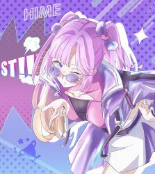 Rule 34 | 1girl, above cleavage cutout, anyoji hime, blast!! (love live!), blonde hair, blowing kiss, blue background, blue eyes, bow, caricariume, character name, collarbone, collared jacket, commentary request, cropped jacket, curtained hair, drop shadow, glasses, gradient background, gradient hair, hair bow, hair ornament, heart, heart hair ornament, highres, jacket, link! like! love live!, long sleeves, looking at viewer, love live!, midriff, miniskirt, multicolored hair, official alternate costume, open clothes, open jacket, parted hair, pink hair, pink shirt, polka dot, polka dot background, puffy long sleeves, puffy sleeves, purple-tinted eyewear, purple background, purple bow, purple jacket, purple skirt, shirt, sidelocks, skirt, solo, song name, thumbnail collage, tinted eyewear, twintails, virtual youtuber, white-framed eyewear