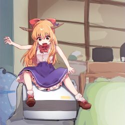 Rule 34 | 1girl, :d, air conditioner, bed, bow, bowtie, brown eyes, brown horns, brown shoes, commentary request, cookie (touhou), footwear bow, full body, hair bow, highres, horn bow, horn ornament, horns, ibuki suika, indoors, long hair, looking down, niu 42, open mouth, orange hair, purple bow, purple skirt, red bow, red bowtie, ribbon-trimmed skirt, ribbon trim, shirt, shoes, shouji, sidelocks, skirt, sleeveless, sleeveless shirt, sliding doors, smile, socks, solo, touhou, tripping, white shirt, white socks, yamin (cookie)