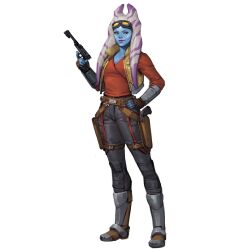 Rule 34 | 1girl, alien, black pants, blue skin, brown gloves, brown vest, colored skin, fingerless gloves, full body, gloves, goggles, goggles on head, gun, handgun, holding, holding gun, holding weapon, holster, lekku (anatomy), looking at viewer, open clothes, open vest, pants, red shirt, shirt, simple background, solo, star wars, togruta, vest, weapon, white background, will nunes