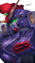 Rule 34 | commentary, dated, denjyou23, glowing, glowing eyes, green eyes, gundam, gundam heavyarms custom, gundam wing, gundam wing: endless waltz, highres, mecha, mecha focus, mobile suit, no humans, portrait, rifling, robot, science fiction, signature, solo, v-fin, white background