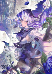 1girl absurdres bird blue_flower breasts chain crying crying_with_eyes_open flower from_side highres long_hair nail_polish owl pointy_ears red_eyes ribbon rose sideboob solo solo_focus tears vivian_(zenless_zone_zero) yo-ba_yo zenless_zone_zero