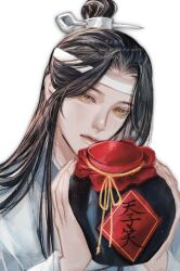 1boy bishounen black_hair blush chinese_clothes closed_mouth hands_up hanfu headband highres holding holding_jug jug_(bottle) korean_commentary lan_wangji light_particles lips long_hair long_sleeves looking_at_viewer male_focus modao_zushi ojisan_rbt simple_background solo topknot twitter_username upper_body watermark white_background white_hanfu white_headband xiao_guan_(headdress) yellow_eyes