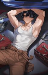 1boy abs absurdres alternate_costume armpits arms_up black_hair blue_eyes brown_pants car clothes_around_waist earrings genshin_impact grey_hair hair_between_eyes hammer highres jewelry male_focus motor_vehicle multicolored_hair muscular muscular_male pants scar scar_on_arm scar_on_neck short_hair solcha solo streaked_hair tank_top teeth white_tank_top wriothesley_(genshin_impact)