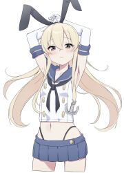 Rule 34 | 1girl, anchor hair ornament, armpits, arms behind head, arms up, black eyes, black neckerchief, black panties, blonde hair, blue sailor collar, blue skirt, blush, commentary request, crop top, cropped legs, crossed bangs, elbow gloves, glasses, gloves, hair between eyes, hair ornament, highleg, highleg panties, highres, kantai collection, long hair, microskirt, neckerchief, panda060, panties, pleated skirt, sailor collar, shimakaze (kancolle), skirt, sleeveless, solo, sweat, underwear, white gloves