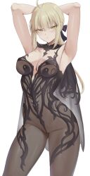 1girl absurdres ahoge armpits arms_up artoria_pendragon_(fate) black_ribbon blonde_hair breasts fate/grand_order fate_(series) hair_ribbon highres kakeku long_hair looking_at_viewer low_ponytail medium_breasts ponytail ribbon saber_alter sidelocks solo thighs yellow_eyes