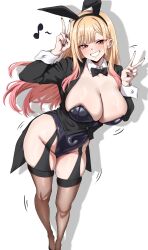 Rule 34 | 1girl, absurdres, animal ear hairband, animal ears, black bow, black bowtie, black leotard, black nails, blonde hair, bow, bowtie, breasts, brown thighhighs, cleavage, collar, covered navel, detached collar, double v, fake animal ears, female focus, garter straps, gradient hair, grin, gyaru, hairband, hands up, highleg, highleg leotard, highres, huge breasts, kitagawa marin, leotard, long sleeves, looking at viewer, multicolored hair, nail polish, pink hair, playboy bunny, rabbit ear hairband, rabbit ears, red eyes, simple background, skindentation, smile, solo, sono bisque doll wa koi wo suru, standing, tailcoat playboy bunny, thighhighs, tuxedo, v, white background, white collar, white wrist cuffs, woo (woosan), wrist cuffs