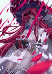 1girl absurdres baobhan_sith_(fate) baobhan_sith_(third_ascension)_(fate) bare_shoulders blush boots box bracelet breasts cross-laced_clothes detached_sleeves dress facial_mark fangs fate/grand_order fate_(series) flower gag gift gift_box grey_eyes guriguri_(arayotto4351) hairband hat highres jewelry large_breasts large_hat long_hair looking_at_viewer panties pink_hair pointy_ears revealing_clothes rose short_dress sidelocks solo thigh_boots thighs underwear variant_set white_boots white_dress white_hat white_panties