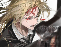 1boy artist_name black_eyes black_jacket blonde_hair blood blood_on_face chanoo_artz english_text jacket male_focus medium_hair messy_hair open_mouth sakamoto_days shishiba_(sakamoto_days) smile solo teeth upper_body watermark