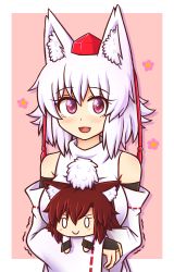 &gt;:) 0_0 1girl animal_ears blush breasts bridal_gauntlets brown_hair character_doll commentary detached_sleeves doll eyelashes fang flower hat highres imaizumi_kagerou inubashiri_momiji long_hair looking_at_viewer open_mouth pink_background pom_pom_(clothes) red_eyes stuffed_toy tokin_hat touhou v-shaped_eyebrows white_hair wolf_ears wool_(miwol)