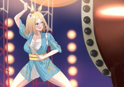 1girl animal_ears blonde_hair blue_kimono blush breasts cleavage drum ear_through_crown feet_out_of_frame highres horse horse_ears horse_girl instrument japanese_clothes kara_(nekode_aru) kimono large_breasts looking_to_the_side narita_top_road_(umamusume) obi open_mouth sarashi sash short_hair shorts smile solo stage_lights standing taiko_drum taiko_sticks umamusume white_shorts yellow_eyes yellow_sash