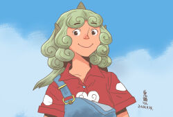 1girl black_eyes blue_overalls blue_sky closed_mouth cloud cloud_print commentary_request curly_hair dated day green_hair horns kariyushi_shirt komano_aunn long_hair looking_at_viewer onikobe_rin overalls red_shirt shirt short_sleeves single_horn sky smile solo touhou upper_body