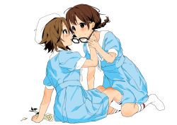 2girls black-framed_eyewear blush brown_hair closed_mouth flower glasses highres hirasawa_yui holding holding_removed_eyewear k-on! messy_hair multiple_girls open_mouth ribbon rose shaofangziran short_hair short_sleeves short_twintails simple_background socks striped_clothes striped_socks tainaka_ritsu twintails unworn_eyewear white_background white_flower white_ribbon white_rose white_socks yuri