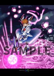 Rule 34 | aiming, brown hair, circle skirt, city, copyright name, energy ball, full body, highres, holding, holding weapon, hood, hooded jacket, infinity souls, jacket, kawakami shuuichi, lyrical nanoha, magic circle, magical girl, midair, night, night sky, official alternate costume, official art, open mouth, pleated skirt, raising heart, sample watermark, short twintails, skirt, sky, solo, takamachi nanoha, twintails, watermark, weapon