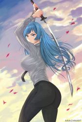 1girl arachnart ass blue_eyes blue_hair breasts from_behind highres jujutsu_kaisen katana large_breasts long_hair looking_at_viewer miwa_kasumi pants sideboob solo sword tight_clothes tight_pants weapon