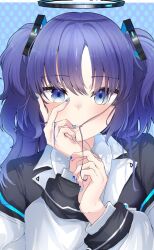 1girl black_jacket blue_archive blue_eyes blue_hair blue_nails blush commentary hair_in_own_mouth halo hand_on_own_cheek hand_on_own_face jacket long_hair long_sleeves looking_at_viewer mechanical_halo mipure parted_lips solo straight-on two_side_up upper_body yuuka_(blue_archive)